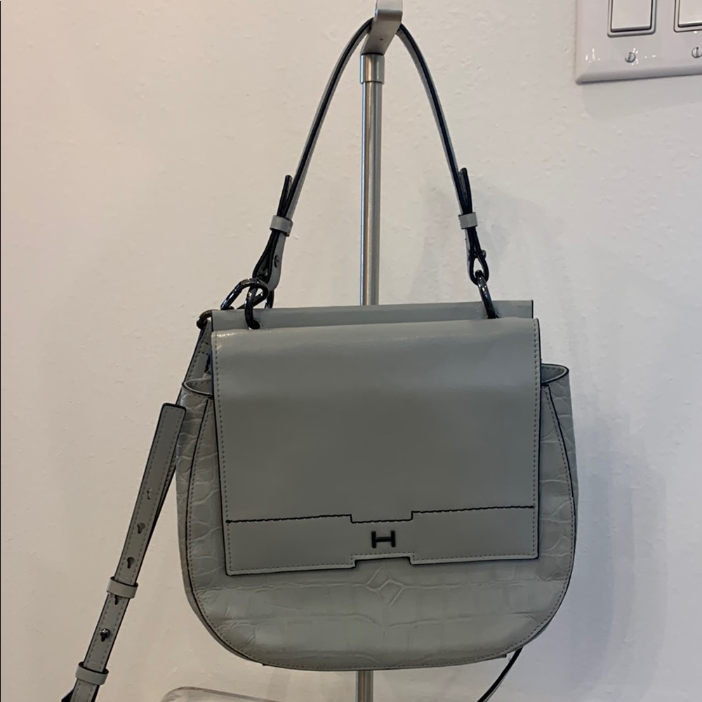 H by Halston Gray Satchel with Top Handle and Flap Closure